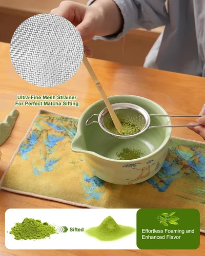 Vista 3 de Juego de batidor de matcha, juego de matcha de cerámica incluye cuenco matcha, batidor de matcha y soporte, cuchara de bambú, soporte para Verde