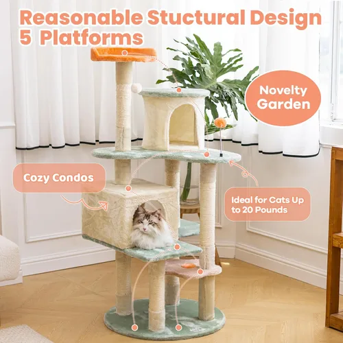 Vista 3 de HYABi - Árbol para gatos de 53 pulgadas con flores, casa de gatos de varios niveles con postes para rascar y juguetes, diseño fresco