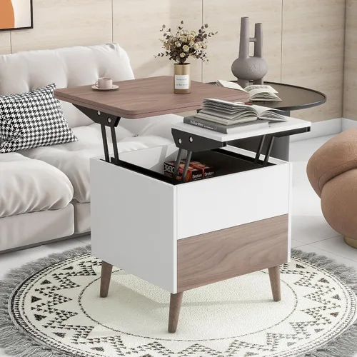 Vista 25 de Juego de 5 mesas auxiliares elevables con almacenamiento convertible con otomanas, para sala de estar, dormitorio, oficina, comedor (blanco antiguo)