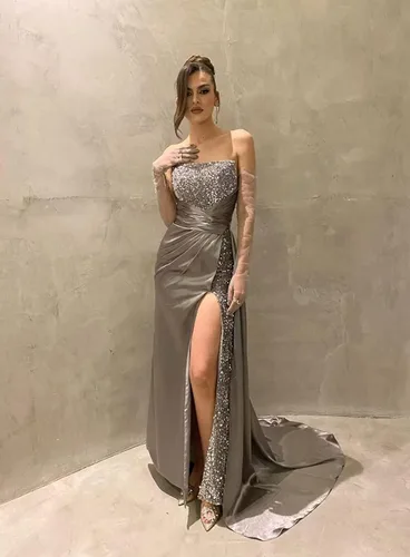 Vista 6 de Vestidos de fiesta de lentejuelas brillantes, vestido de dama de honor de sirena 2024 con tubo de hendidura, vestido formal de noche de satén