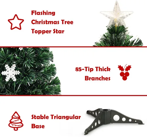 Vista 3 de BestComfort Árbol de Navidad artificial preiluminado de 3 pies con fibra óptica multicolor, 12 luces LED en forma de copo de nieve, estrella