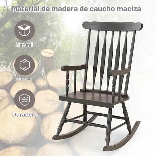 Vista 7 de Tangkula Silla mecedora de patio de madera de goma sólida, silla mecedora de porche exterior con marco de madera de goma, silla mecedora de madera