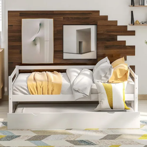 Vista 3 de SOFTSEA Sofá cama de tamaño individual con nido, marco de sofá cama de madera maciza con nido extraíble, sofá cama doble capitán, soporte