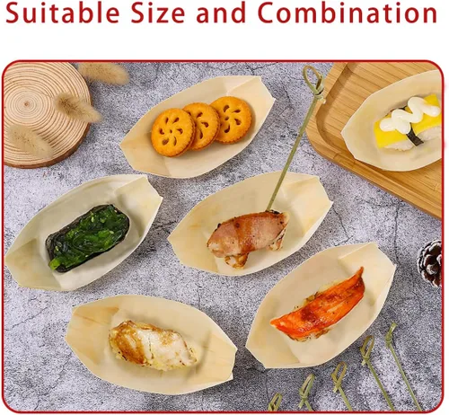 Vista 6 de WATHFKCU Plato desechable de bambú de 3.5 pulgadas para sushi, plato de aperitivo de bambú, bandeja para servir sushi, bote de hojas de madera