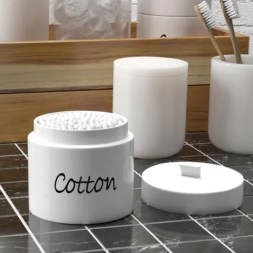 Vista 4 de LEETOYI Organizador de hisopos de algodón de cerámica con tapa, recipientes de almacenamiento para hisopos de algodón, color blanco