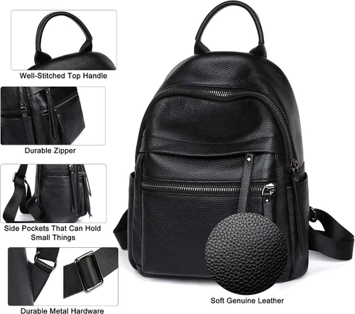 Vista 5 de COOLCY Mochila de cuero genuino para mujer, mochila elegante multifuncional para mujer, Negro -, Casual