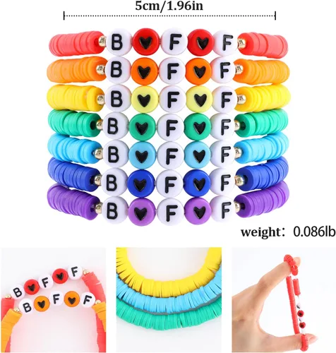 Vista 2 de Juego de pulseras Heishi Surfer de arcoíris para mujeres y niñas, pulseras apilables de arcilla con cuentas de disco, pulseras elásticas de disco