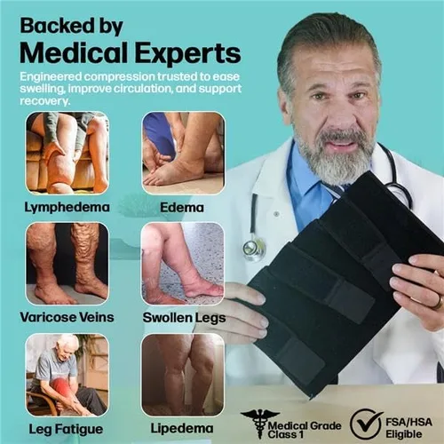 Vista 7 de Envoltura de compresión ajustable para linfedema de pantorrilla para hinchazón, edema, lipedema, circulación, pesadez, dolor, fácil de poner