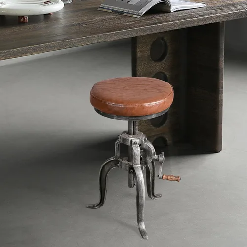 Vista 8 de Topower Taburete de manivela industrial antiguo de hierro fundido Silla de tres patas Taburete de bar de cuero PU