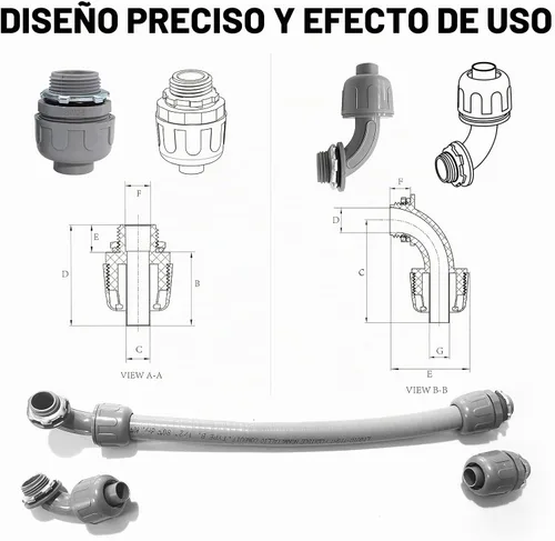 Vista 9 de Conector hermético de líquido de 3/4 pulgadas, accesorios de conducto eléctrico de PVC, conector de conducto flexible recto de 180 grados