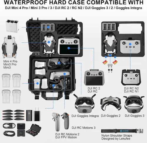 Vista 2 de Lekufee Funda rígida impermeable portátil para DJI Mini 4 Pro/3 Pro/3 Drone, RC 2/RC N3/N2, Goggles 2/3/Integra, RC Motion 2/3 y accesorios
