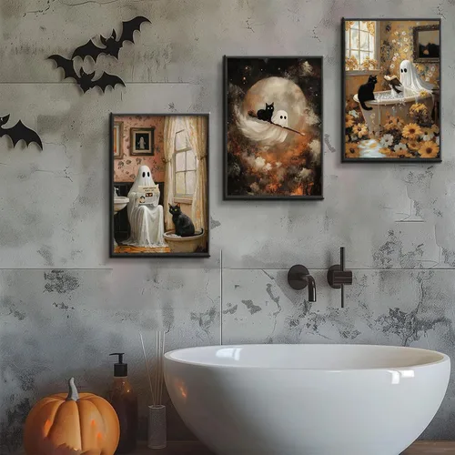 Vista 3 de 3 pósteres de fantasmas de Halloween, arte de pared divertidos de fantasmas y gatos negros, lienzo para decoración de pared, arte de terror gótico