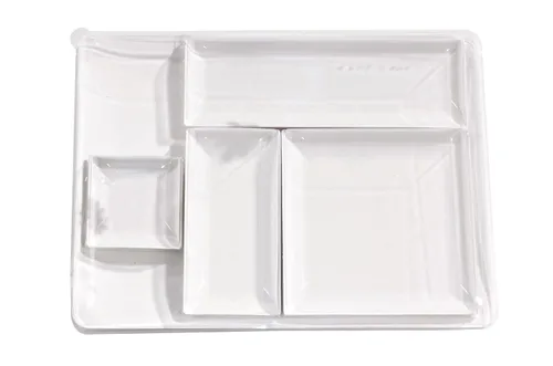 Vista 2 de PacknWood - 210BCHIC1111 - Bio 'n' Chic Plato de caña de azúcar cuadrado blanco pequeño - Platos resistentes - Caña de azúcar compostable