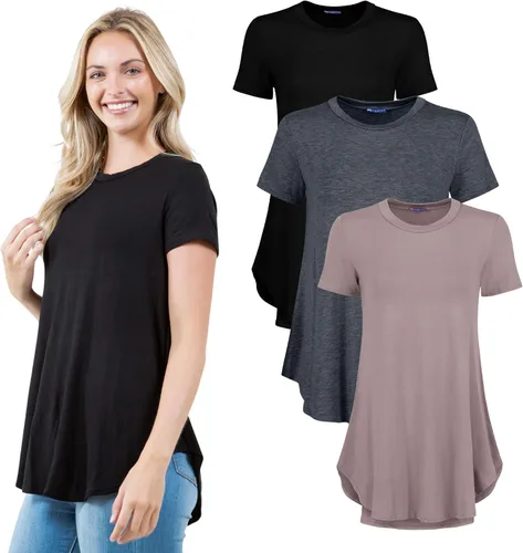 Vista 7 de Azules Blusa larga de manga corta para mujer, con cuello redondo y dobladillo curvado, suave y elástica