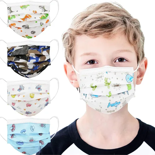 Vista 8 de Mascarillas Faciales Desechables para Niños Paquete de 50 Edades 5-12 Filtro Mascarillas Faciales de Seguridad de 3 Capas para Niños Uso Diario.