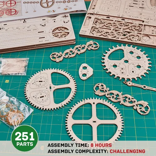 Vista 8 de Reloj de pared con péndulo de madera para construir, reloj de pared de madera de bricolaje grande - Sin baterías - Puzzle de madera 3D - Reloj