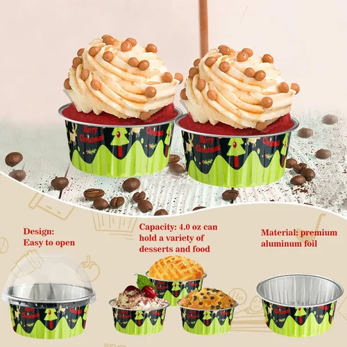 Vista 5 de 50 moldes desechables de papel de aluminio para cupcakes, mini moldes para pasteles de 4 onzas con tapas, moldes de aluminio para hornear
