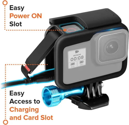 Vista 4 de Carcasa con marco para GoPro Hero 8, color negro. Kit de accesorios de montaje de jaula protectora con tornillo de aluminio y hebilla extraíble