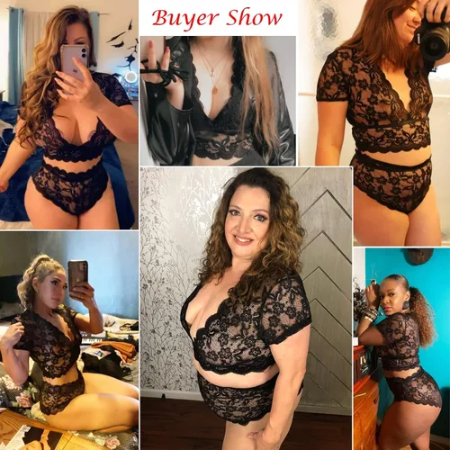 Vista 2 de Avidlove Conjunto de lencería de talla grande con encaje floral y ribete festoneado en V profundo con brasier de encaje en toda la prenda ropa sexy