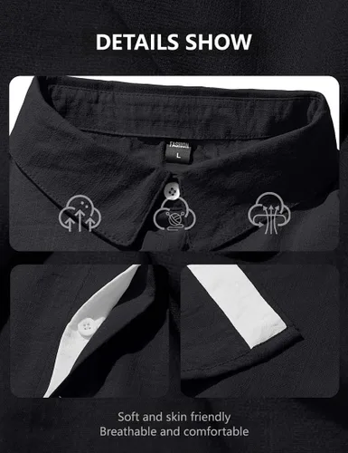 Vista 6 de Camisas de lino con botones para hombre, camisa casual de manga corta, sin pliegues, vestido de boda de verano, camisa de vacaciones en la playa