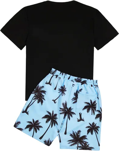 Vista 56 de GORGLITTER Conjunto de 2 piezas de camiseta gráfica de manga corta para hombre, estampado hawaiano con cordón y pantalones cortos