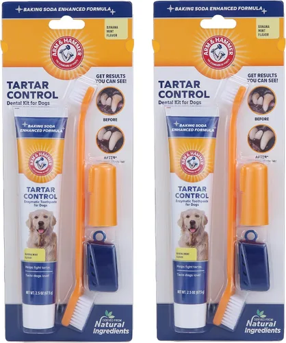 Vista 8 de Arm & Hammer para mascotas kit de 3 piezas para control del sarro para perros, contiene pasta, cepillo de dientes y cepillo para el dedo, reduce