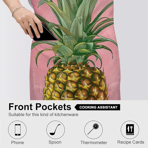 Vista 5 de MUSM Apron for Adults - 27.6 X 31.5 Inch, Heavy-Duty Polyester Aprons with Two Large Pockets, Waterproof Peach Pineapple Pattern Kitchen Apron for