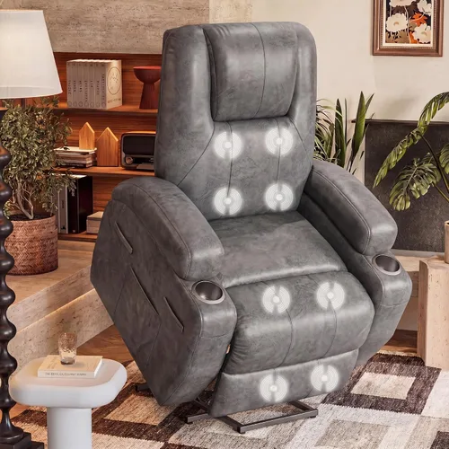 Vista 10 de Furmax Silla reclinable eléctrica con masaje para personas mayores, tela de pana, sillón reclinable individual con portavasos, bolsillos laterales