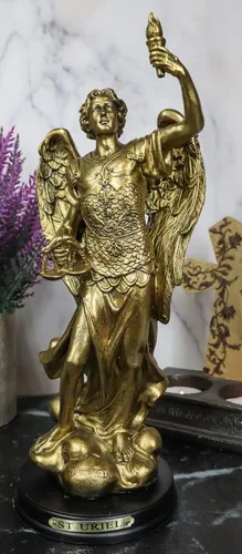 Vista 2 de Ebros - Estatua de arcángel de la iglesia católica Uriel de 8 pulgadas de alto, figura de San Uriel el Arcángel con placa de nombre de latón y base