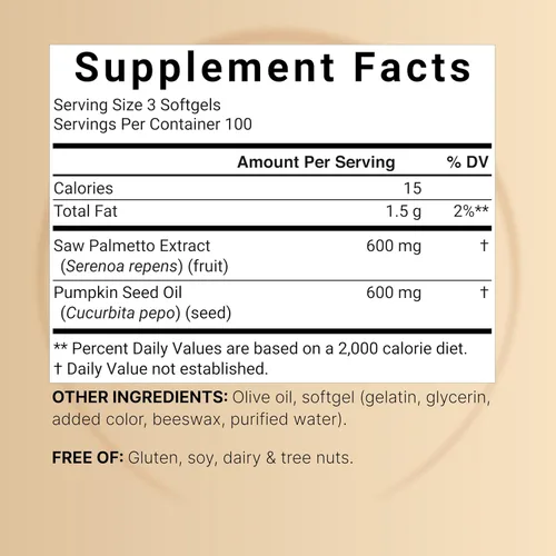 Vista 2 de Saw Palmetto para hombres con aceite de semilla de calabaza, 1200 mg, 300