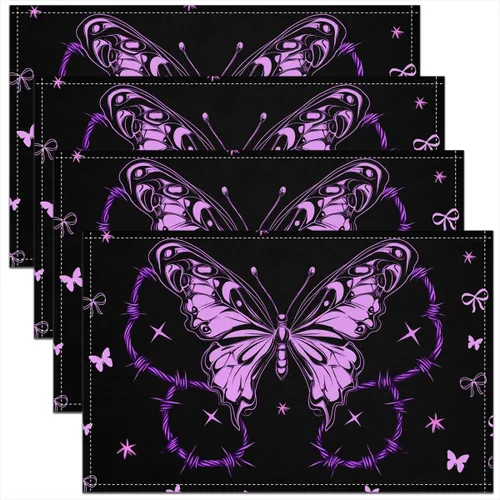 Vista 14 de Juego de 4 manteles individuales con diseño de mariposas y animales voladores de noche de ensueño de 12 x 18 pulgadas para mesa de cocina, tapetes