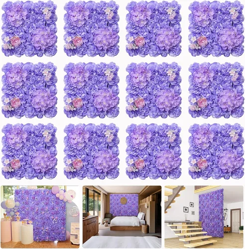 Vista 20 de Telón de fondo de pared de flores, 12 piezas de 16.5 x 16.5 pulgadas, panel de pared floral de rosa de seda artificial, decoración de pared ideal