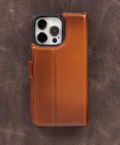 Vista 3 de Funda tipo cartera hecha a mano para iPhone 17 Pro MAX / 17 Pro, 17 Pro, 17 Air, 16 Pro, cartera de 4 tarjetas de cuero genuino, magnética