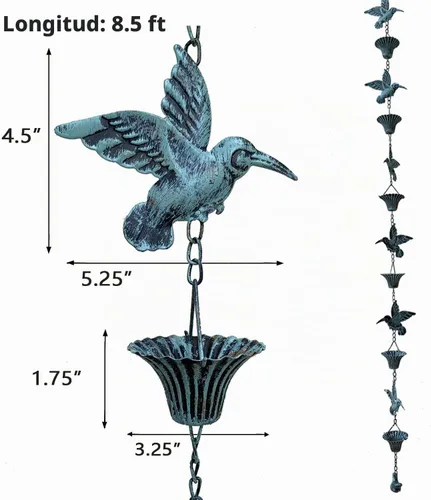 Vista 2 de Cadena de lluvia de 8.5 pies, cadenas de lluvia de colibrí y taza Azul Pájaro