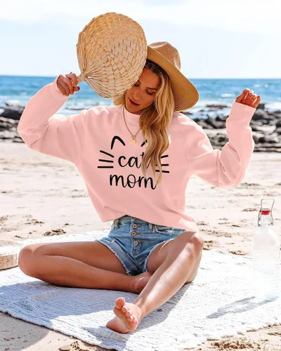 Vista 2 de Cat Mom - Camiseta de manga larga con estampado de letras Cat Mama para mujer