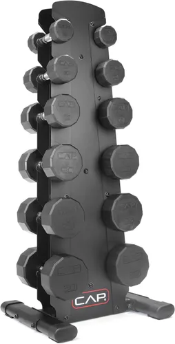Vista 9 de CAP Barbell Rubber Coated Dumbbell Weight Set with Vertical Rack 100 lb, 150 lb, and 210 lb Options