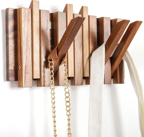 Vista 12 de Pequeño Perchero para Apartamento: 10.4 Pulgadas de Madera Rústica con 6 Ganchos de Pared Montable Retractable para Espacios Estrechos, Entrada