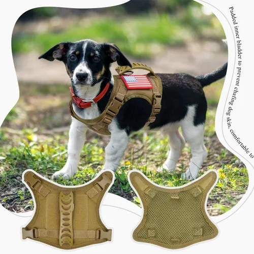 Vista 5 de Chaleco táctico de servicio para perro, K9 ajustable militar de trabajo, resistente al agua, cómodo chaleco para perro MOLLE con asa (XS, caqui)