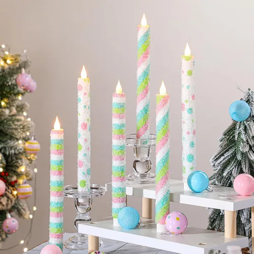 Vista 8 de Baquler 6 velas cónicas sin llama de Navidad de 10.6 pulgadas con temática de elfo, velas LED de Navidad que funcionan con pilas, candelabros