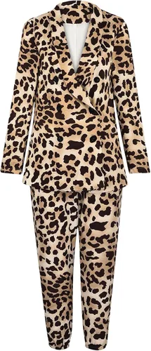 Vista 5 de Trajes de pantalón para mujer, conjunto de dos piezas con estampado de leopardo, con solapa, doble botonadura, pantalones de cintura alta