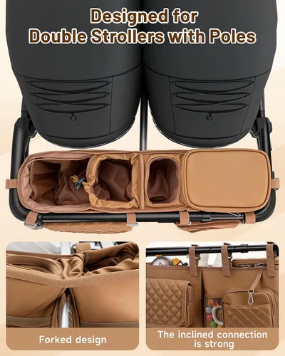 Vista 4 de kcross Bolsa organizadora de cochecito doble para Bob Duallie y Baby Jogger City Mini Gt2, organizador de cochecito doble con soporte para tazas