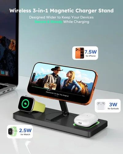 Vista 4 de Estación de carga plegable 3 en 1 para Magsafe, soporte magnético para teléfono y reloj para dispositivos Apple, cargador inalámbrico de escritorio
