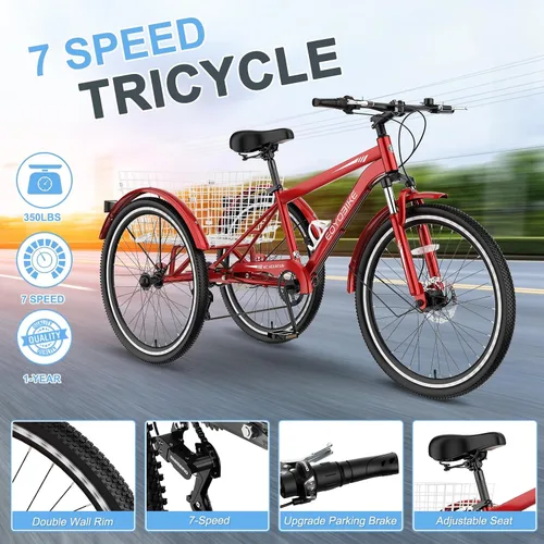 Vista 3 de Slsy Triciclo de montaña para adultos, bicicleta de tres ruedas de 7 velocidades, triciclos para adultos de 24/26 pulgadas para personas mayores