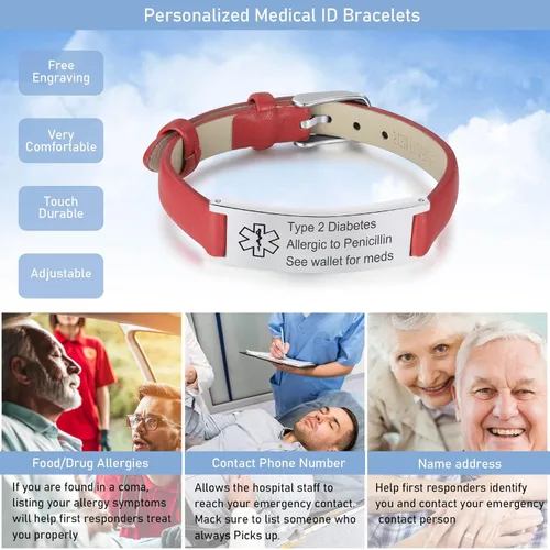 Vista 5 de MPRAINBOW Pulsera de alerta médica personalizada para mujer, correa de reloj de cuero genuino, grabado de doble cara, diabetes, epilepsia, joyería