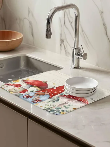 Vista 7 de Tapete de secado de platos de hongos para encimera de cocina, gnomos rojos, tapete de cocina de primavera, almohadilla de secado de microfibra