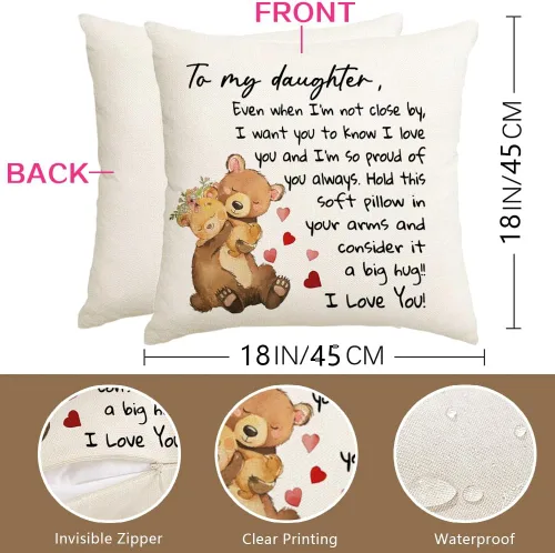 Vista 6 de RABUSOFA Funda de almohada de 18 x 18 pulgadas con texto en inglés "To My Daughter", funda de cojín de cumpleaños de mamá papá