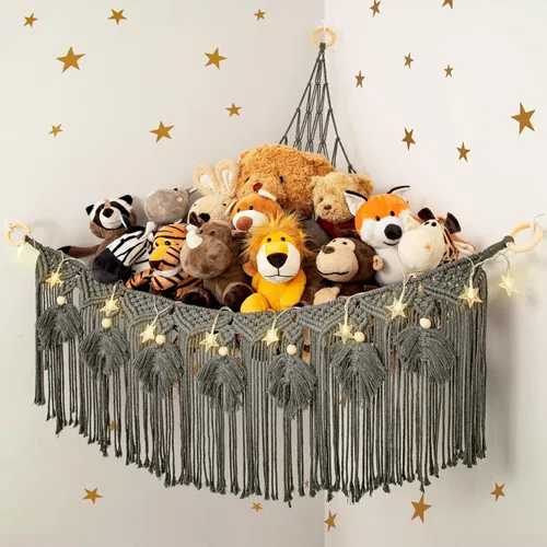 Vista 7 de ANROYE Hamaca de Red de Juguetes de Animales de Peluche de Macramé con Luz de Estrella, Almacenamiento Boho de Peluches Pequeños para Guardería