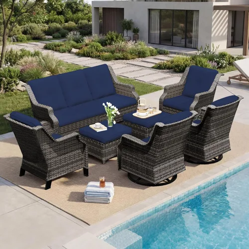 Vista 37 de Sofá de mimbre para patio al aire libre, sofá de 3 plazas, sofá de ratán con asiento profundo y cojines de olefina, respaldo alto, todo tipo de Beige