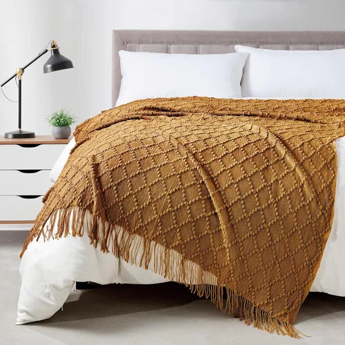 Vista 21 de Bourina Manta de punto decorativa con textura, unicolor y suave, para sofá, 50 x 60 pulgadas, almendra Knitted Throw Blanket 50x60 Inches, Soft