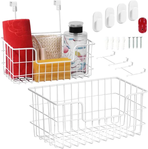 Vista 12 de JUNCHU CHERRY Cesta de almacenamiento de alambre, paquete de 2 unidades, montado en pared para cocina, baño, cesta de almacenamiento colgante